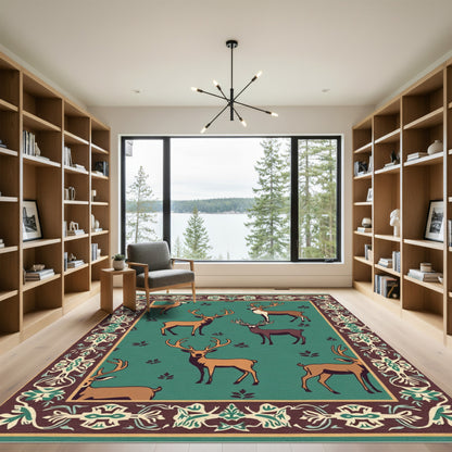 Forest Deer Emblematic Border Green Rug