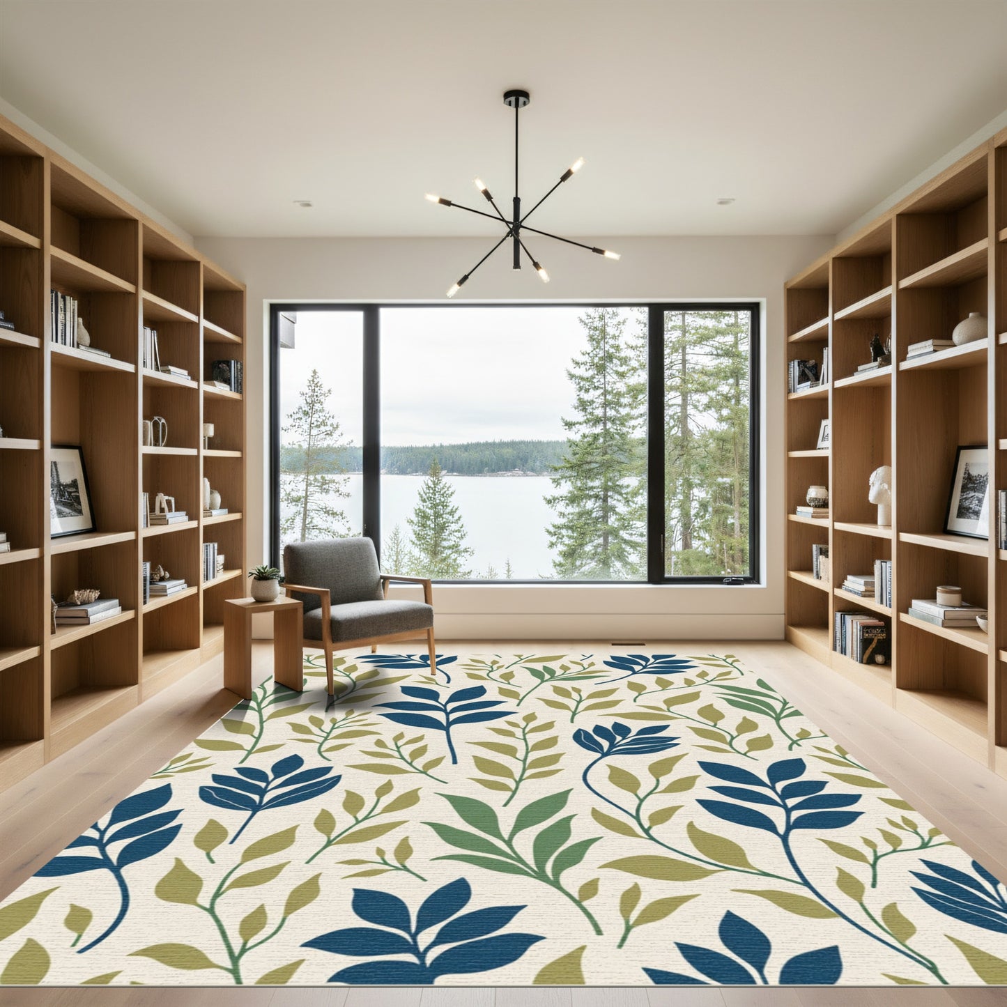 Navy Blue Green Leafy Vine Rug