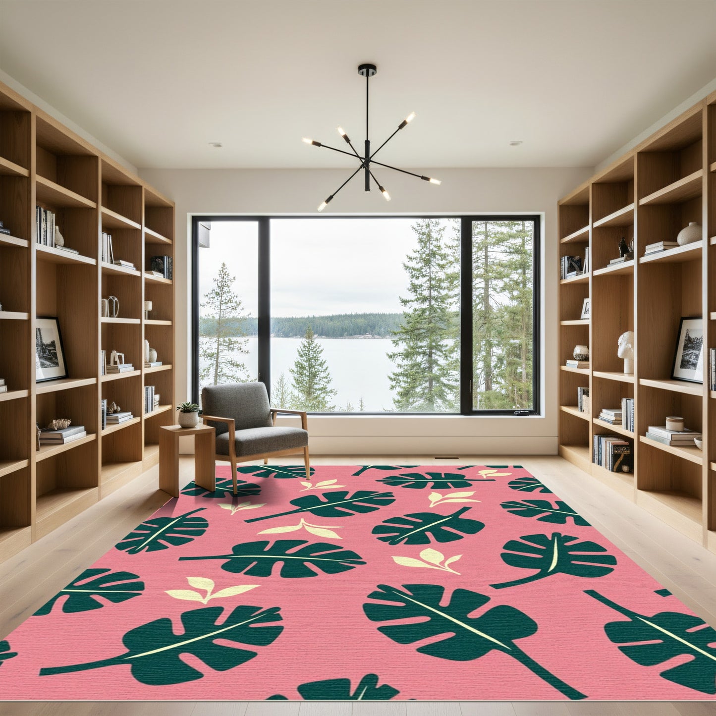 Tropical Pink Green Leaf Scatter Rug