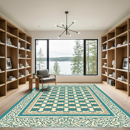 Teal And Gold Geometric Medallion Border Rug