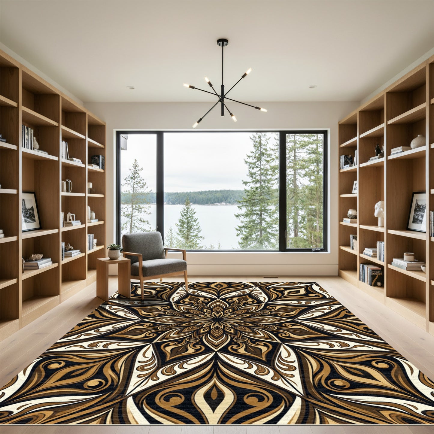 Symmetrical Brown Golden Mandala Swirl Rug