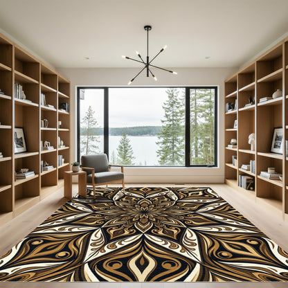 Symmetrical Brown Golden Mandala Swirl Rug