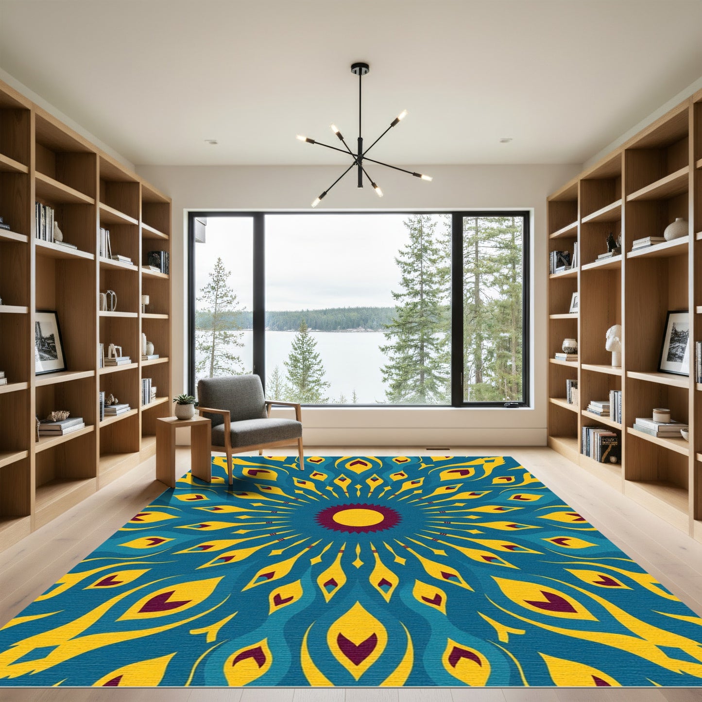 Radiant Teal Yellow Feathered Sun Rug