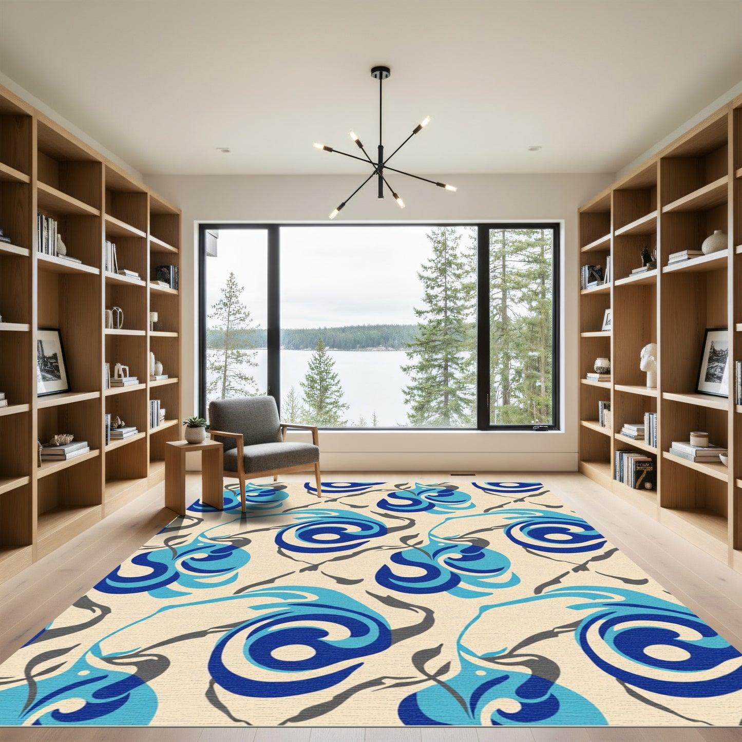 Abstract Blue Swirls Gray Branches Rug