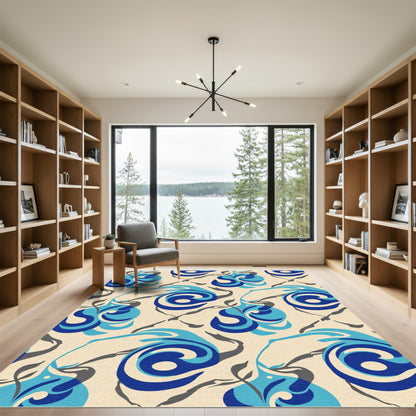Abstract Blue Swirls Gray Branches Rug