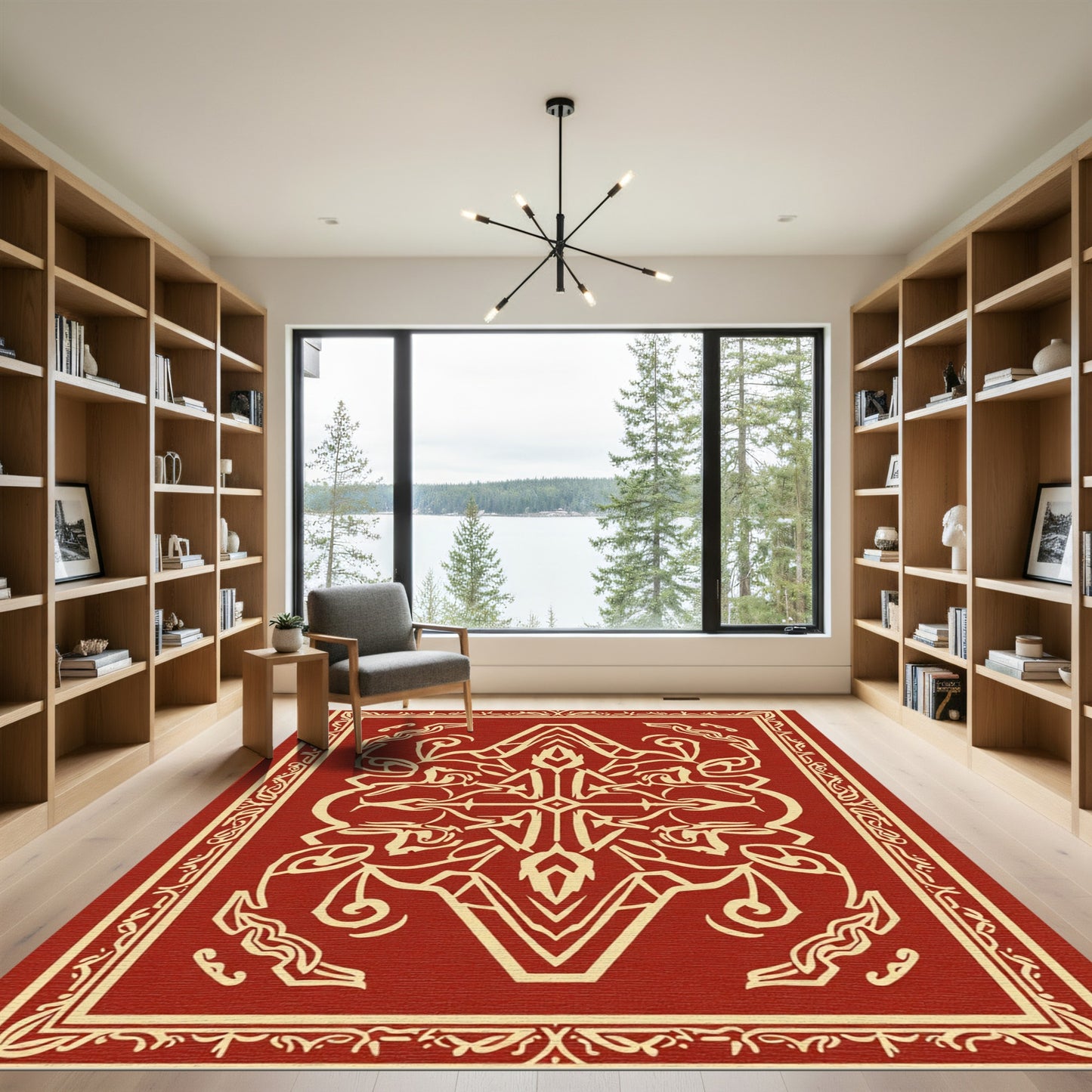 Crimson Abstract Symmetry Crest Rug