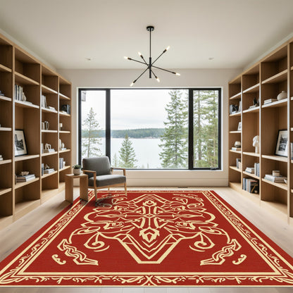 Crimson Abstract Symmetry Crest Rug