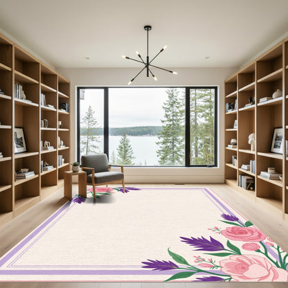 Pink Rose Purple Floral Border Rug