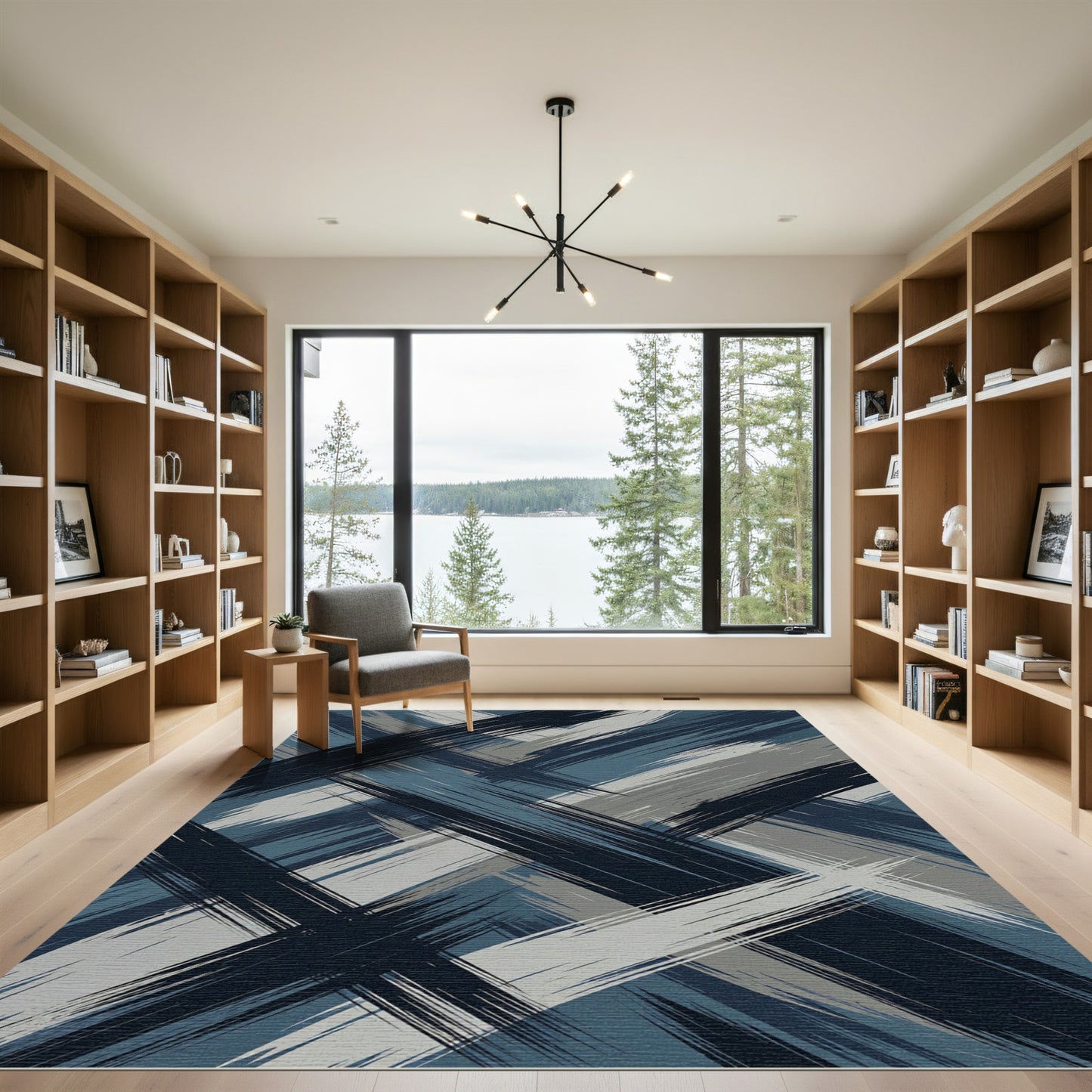 Abstract Blue Gray Brush Strokes Rug