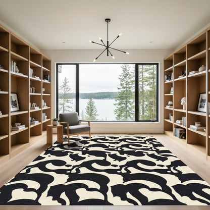 Cream and Black Abstract Swirl Rug