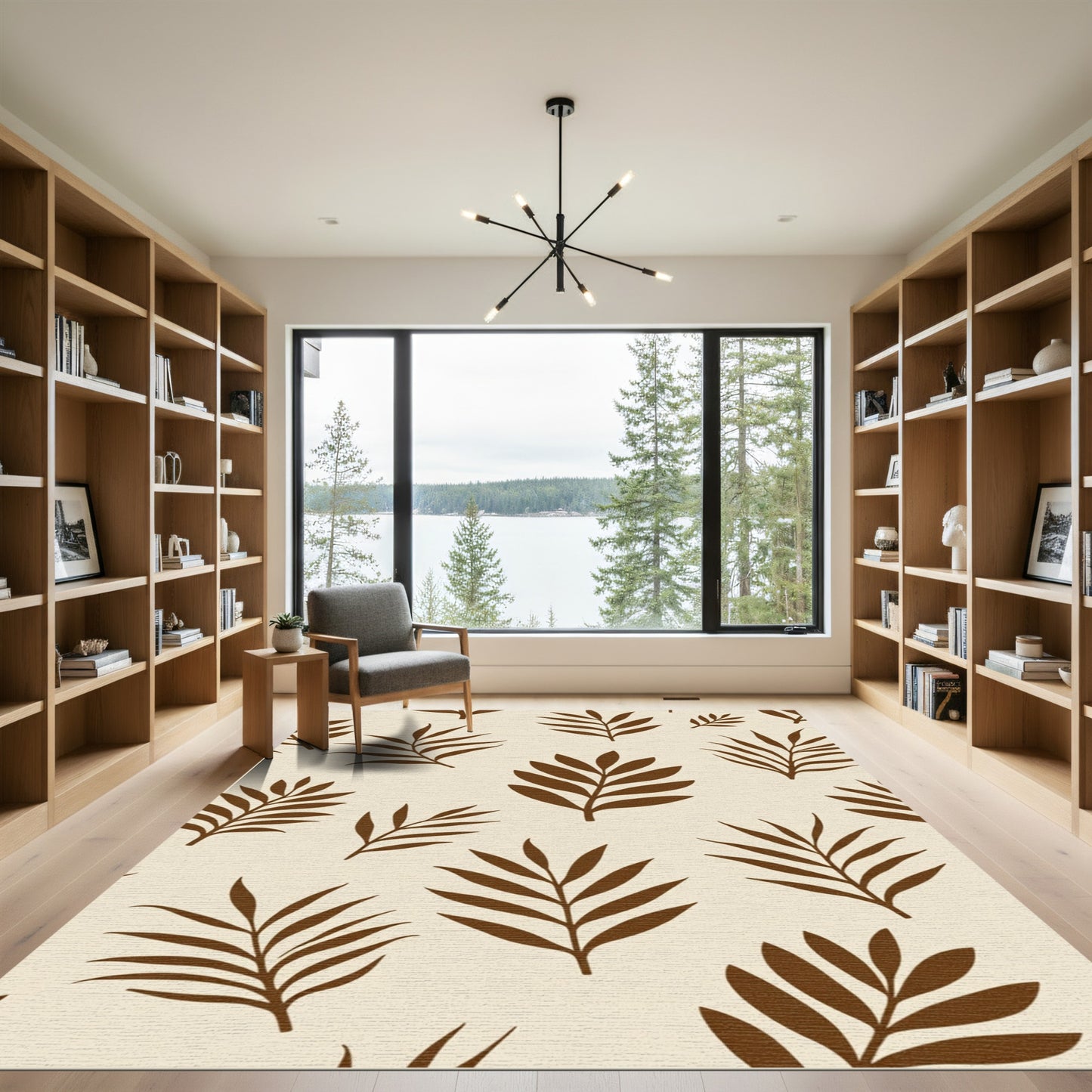 Warm Brown Tropical Leaf Pattern Rug