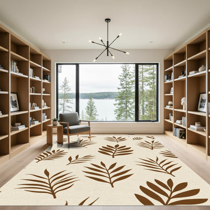 Warm Brown Tropical Leaf Pattern Rug