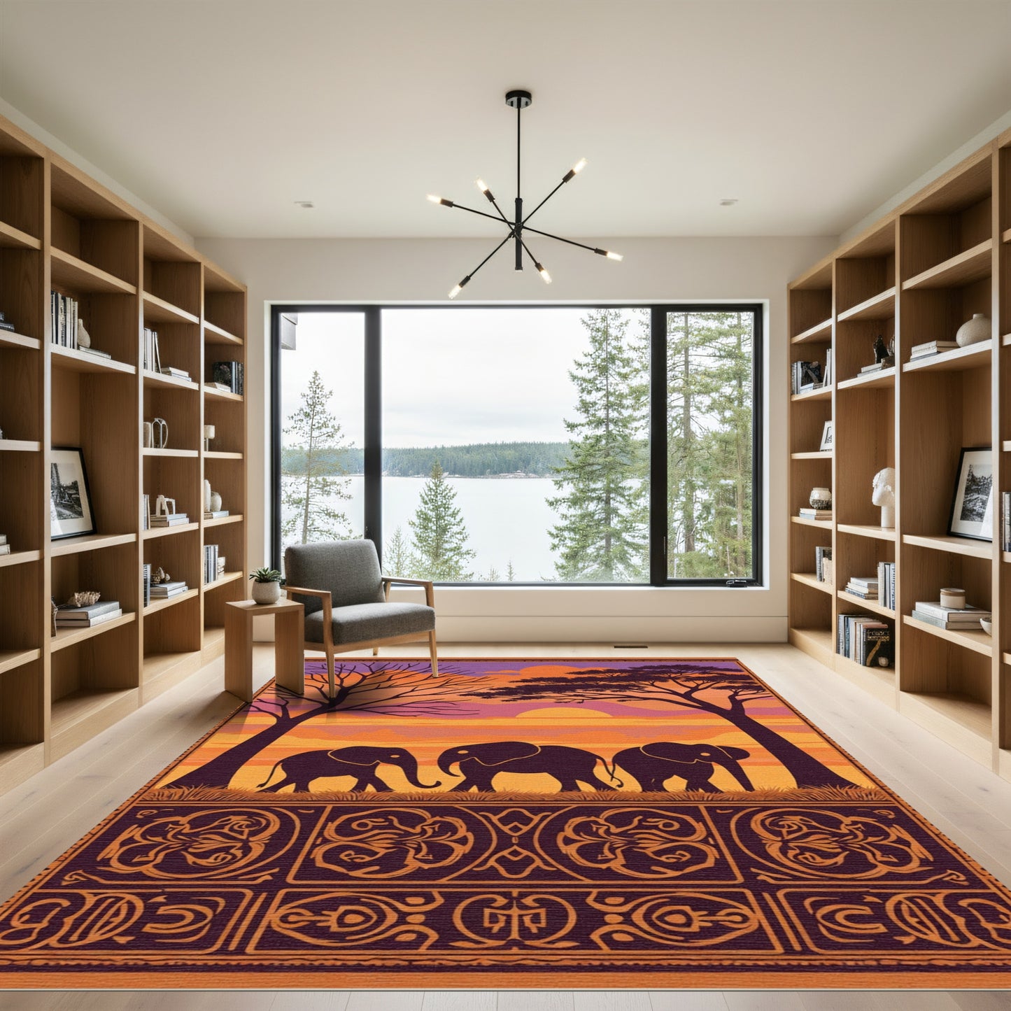 African Sunset Elephant Silhouette Border Rug