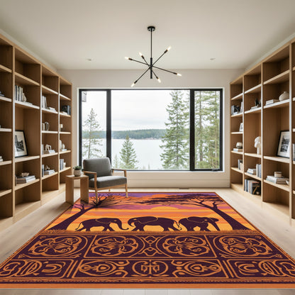 African Sunset Elephant Silhouette Border Rug