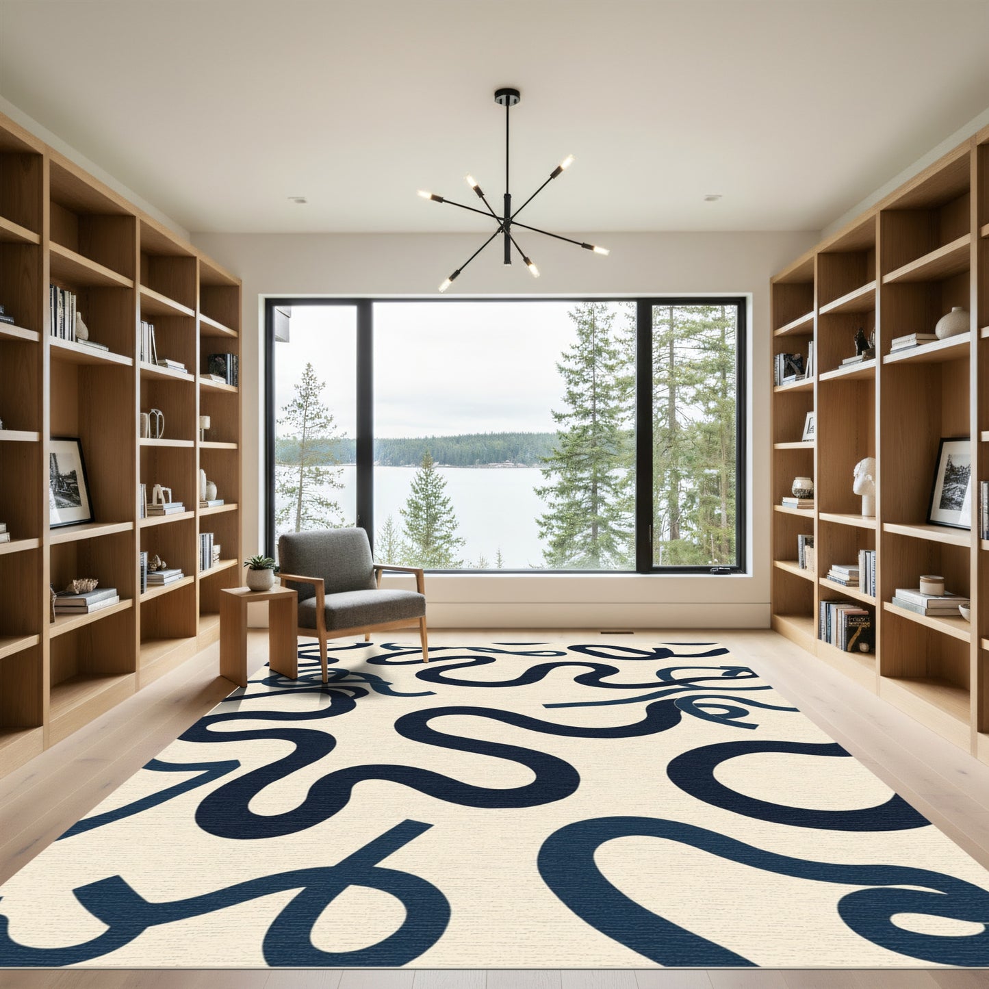 Navy Ribbons Cream Abstract Rug
