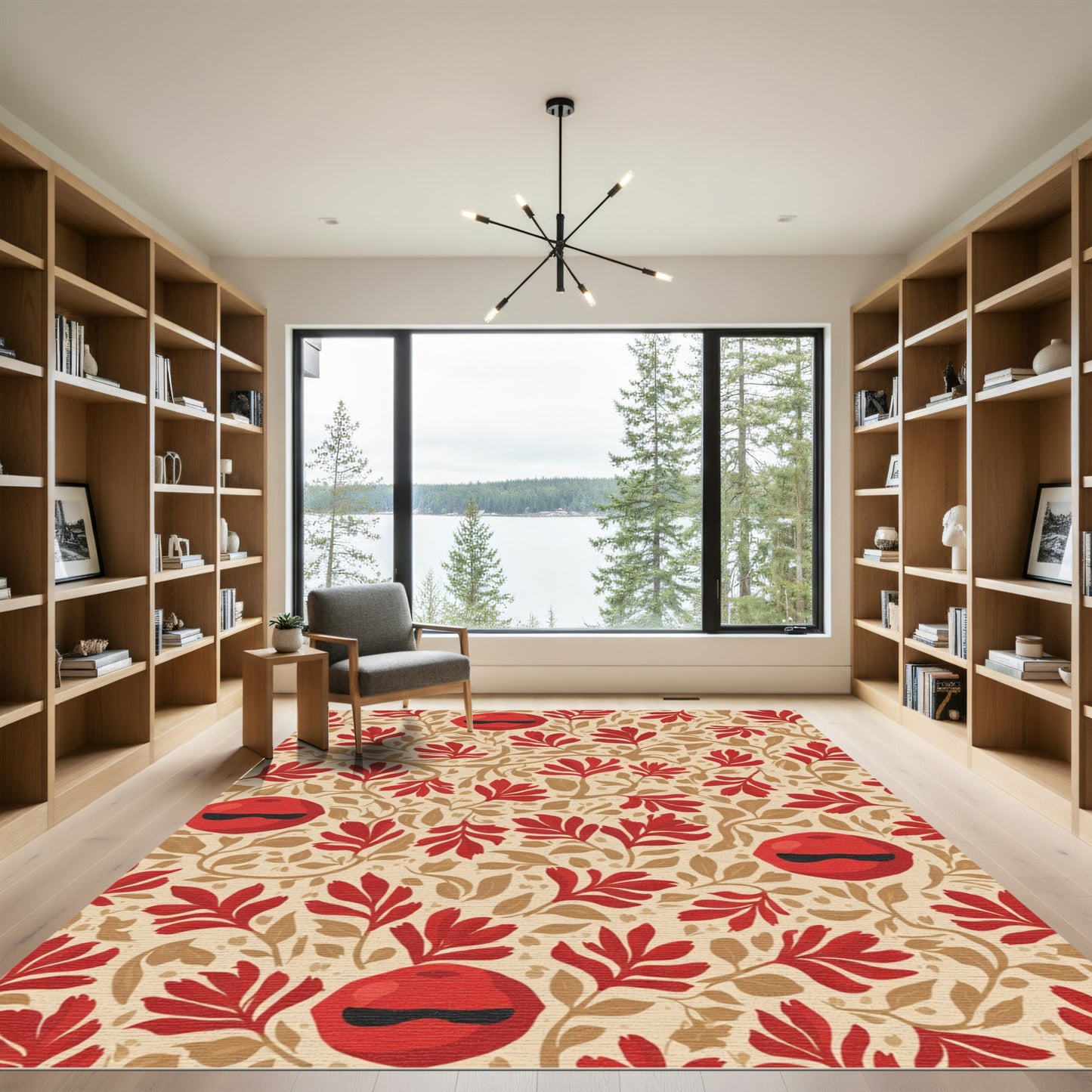 Crimson Red Floral Whimsical Face Rug