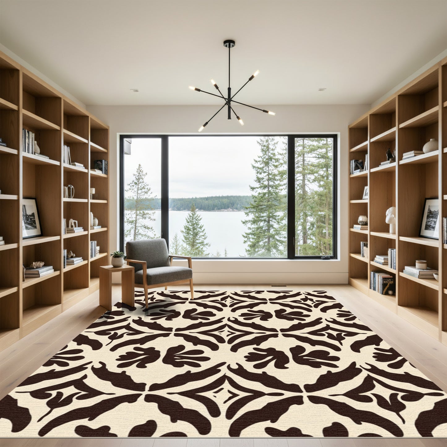 Cream Dark Brown Floral Damask Arrangement Rug