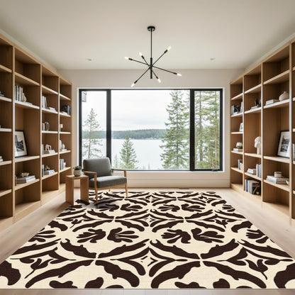Cream Dark Brown Floral Damask Arrangement Rug