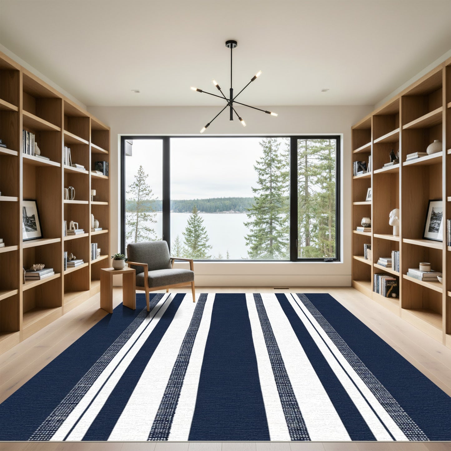 Navy White Striped Textured Rug