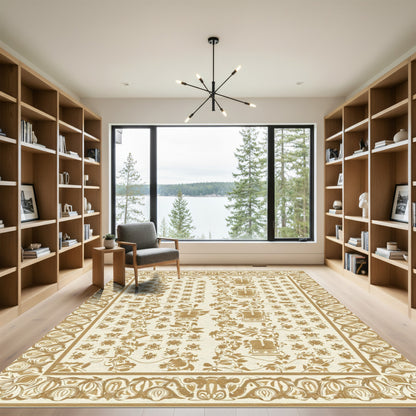 Golden Tan Floral Insect Garden Rug