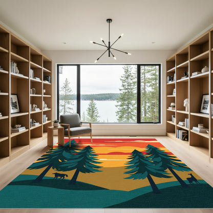Sunset Pine Forest Animals Rug