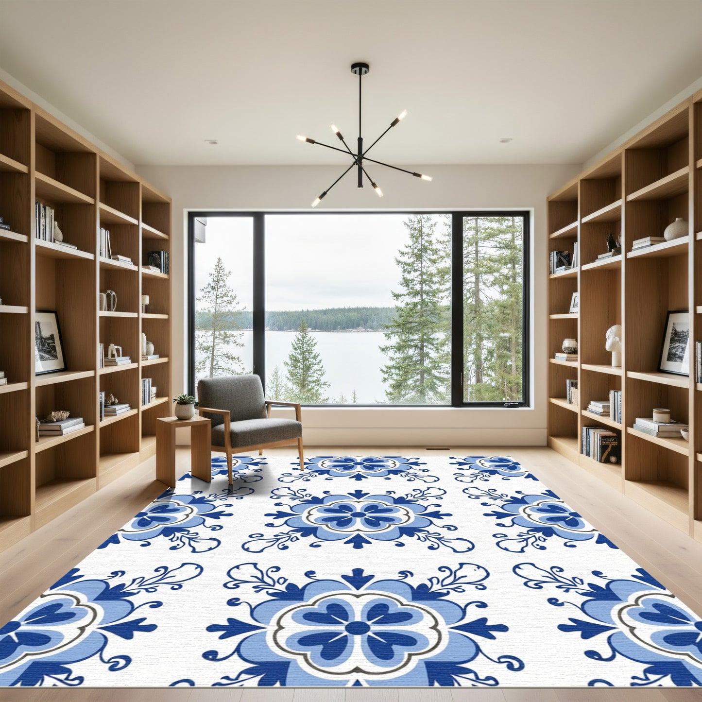 Blue White Floral Tile Composition Rug