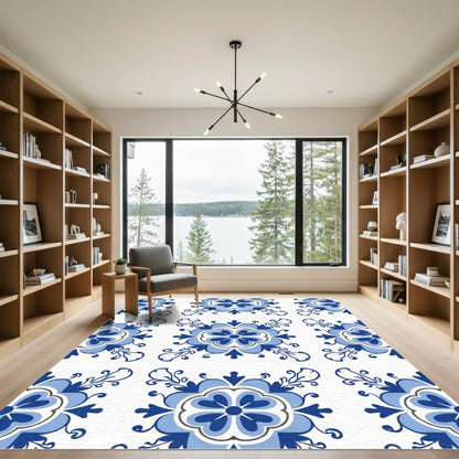 Blue White Floral Tile Composition Rug