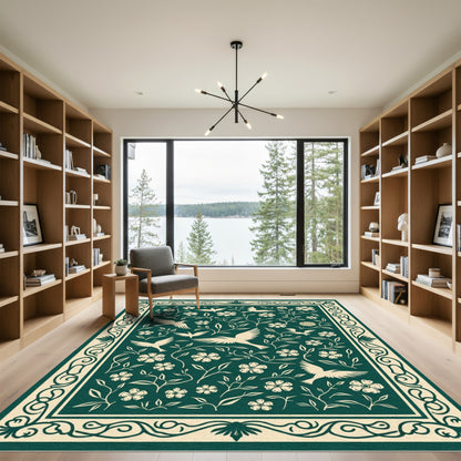 Ivory Birds Blooming Vine Border Rug