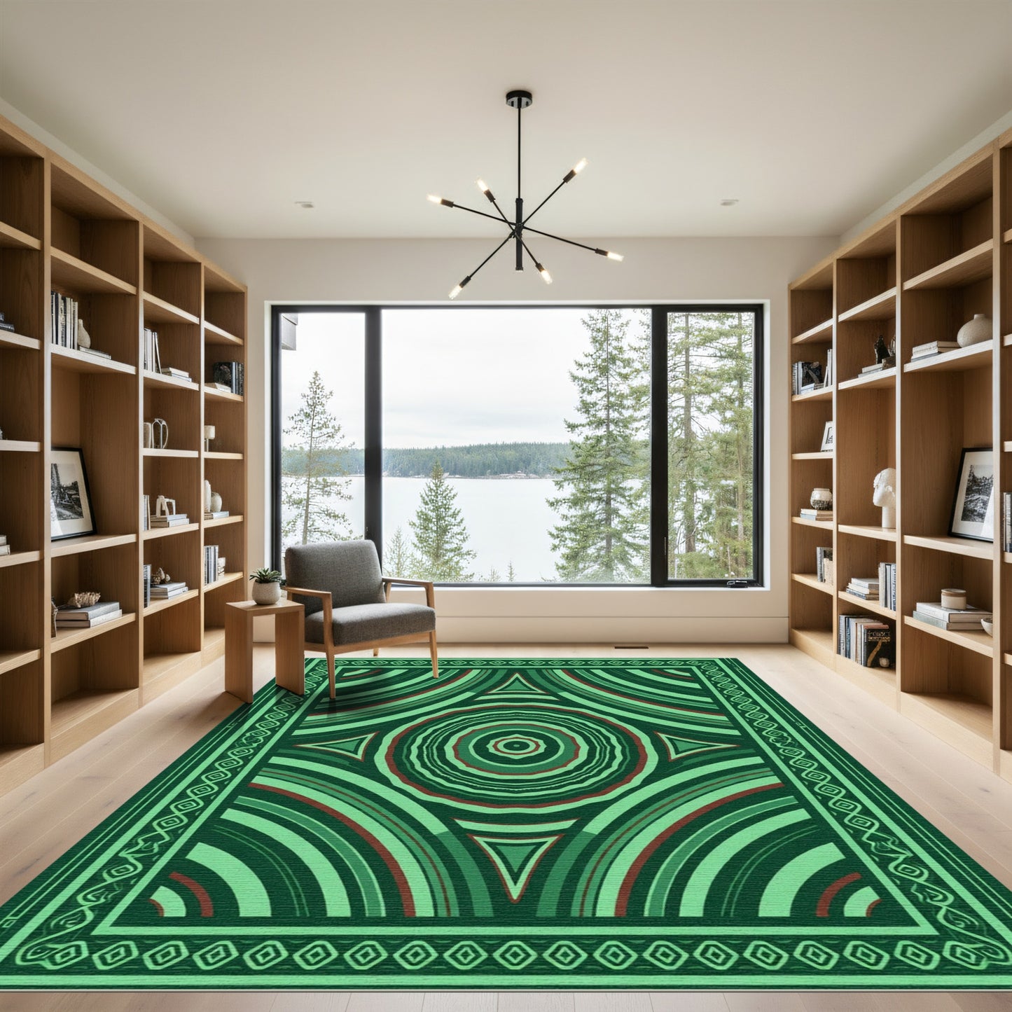 Deep Emerald Concentric Circles Triangles Rug