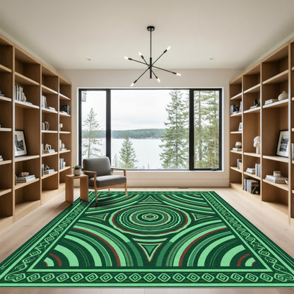 Deep Emerald Concentric Circles Triangles Rug