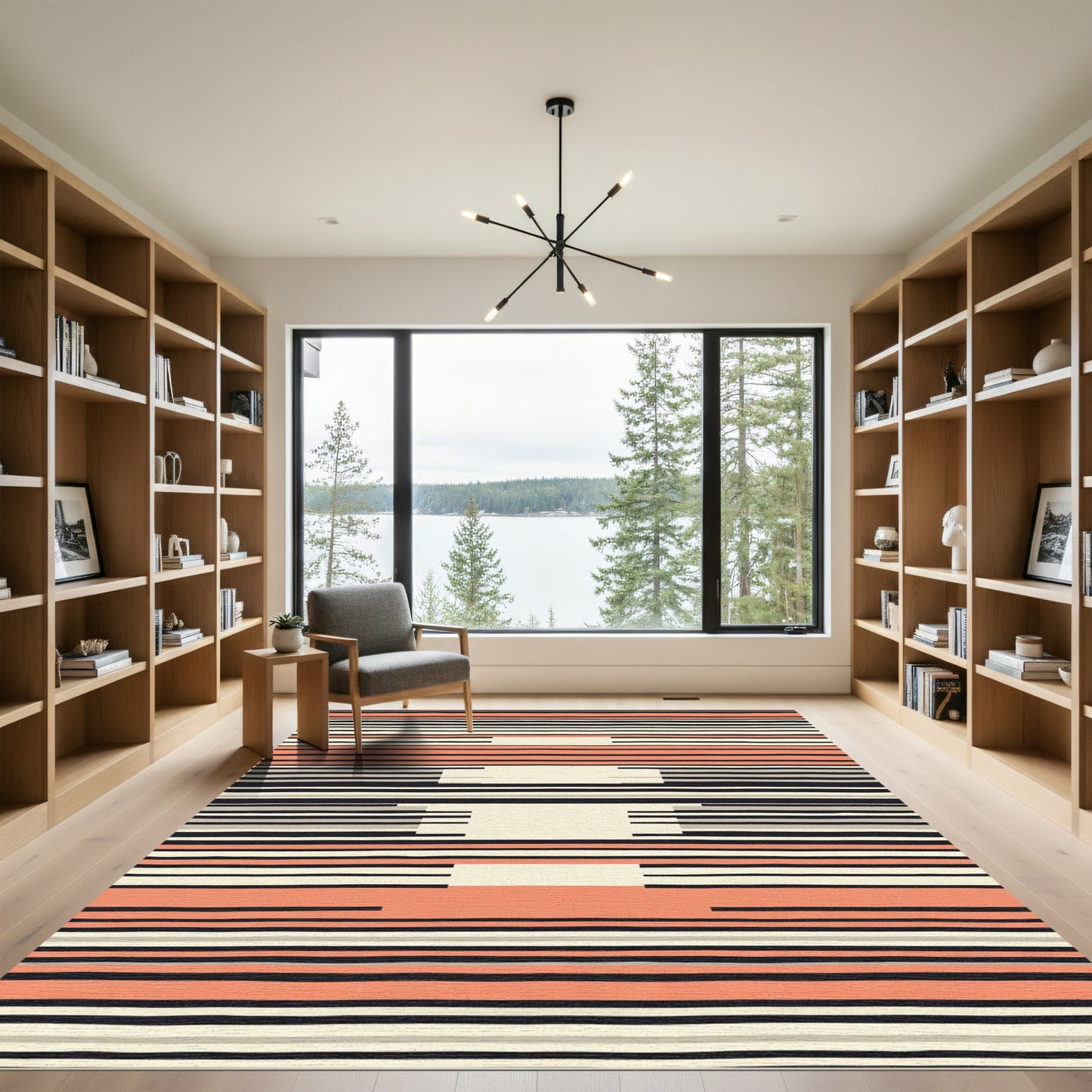 Coral Gray Black Cream Striped Abstract Rug