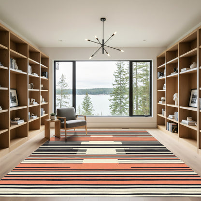 Coral Gray Black Cream Striped Abstract Rug