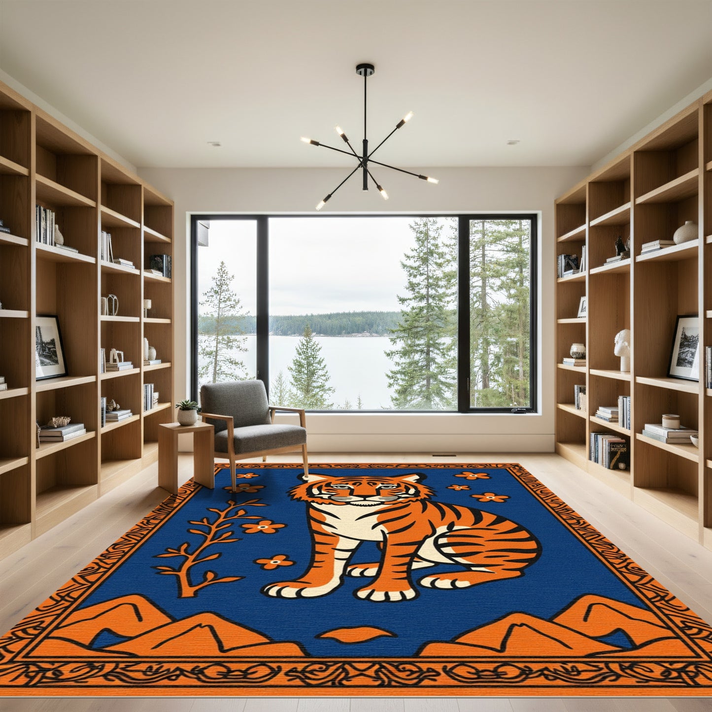 Vibrant Orange Tiger Floral Landscape Rug