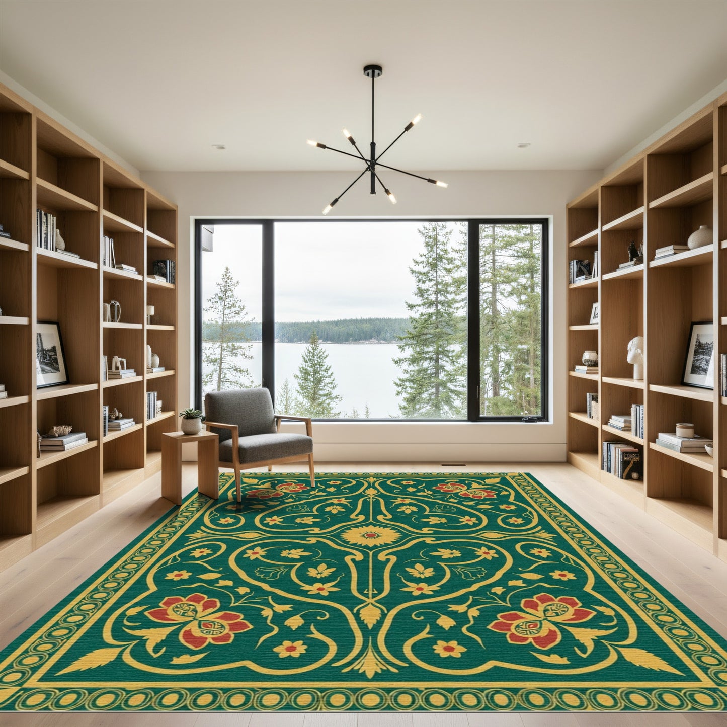 Elegant Red Floral Swirl Emerald Rug