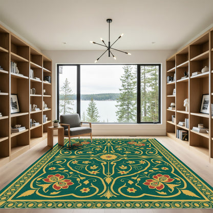 Elegant Red Floral Swirl Emerald Rug