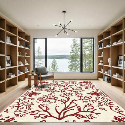 Deep Red Branching Botanical Pattern Rug