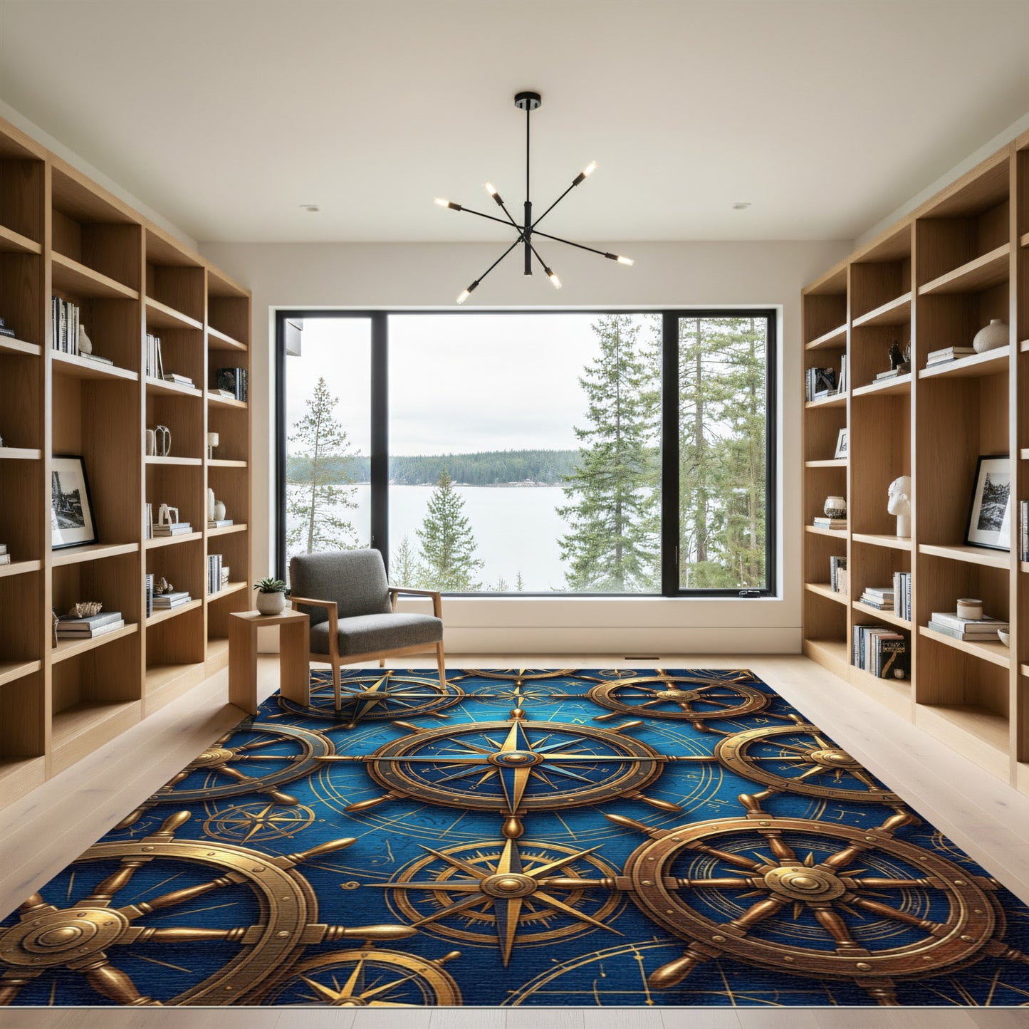Golden Blue Nautical Compass Wheels Rug