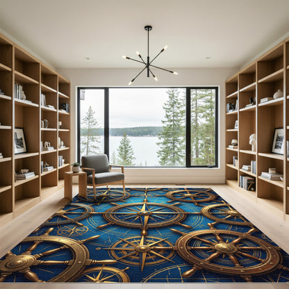 Golden Blue Nautical Compass Wheels Rug