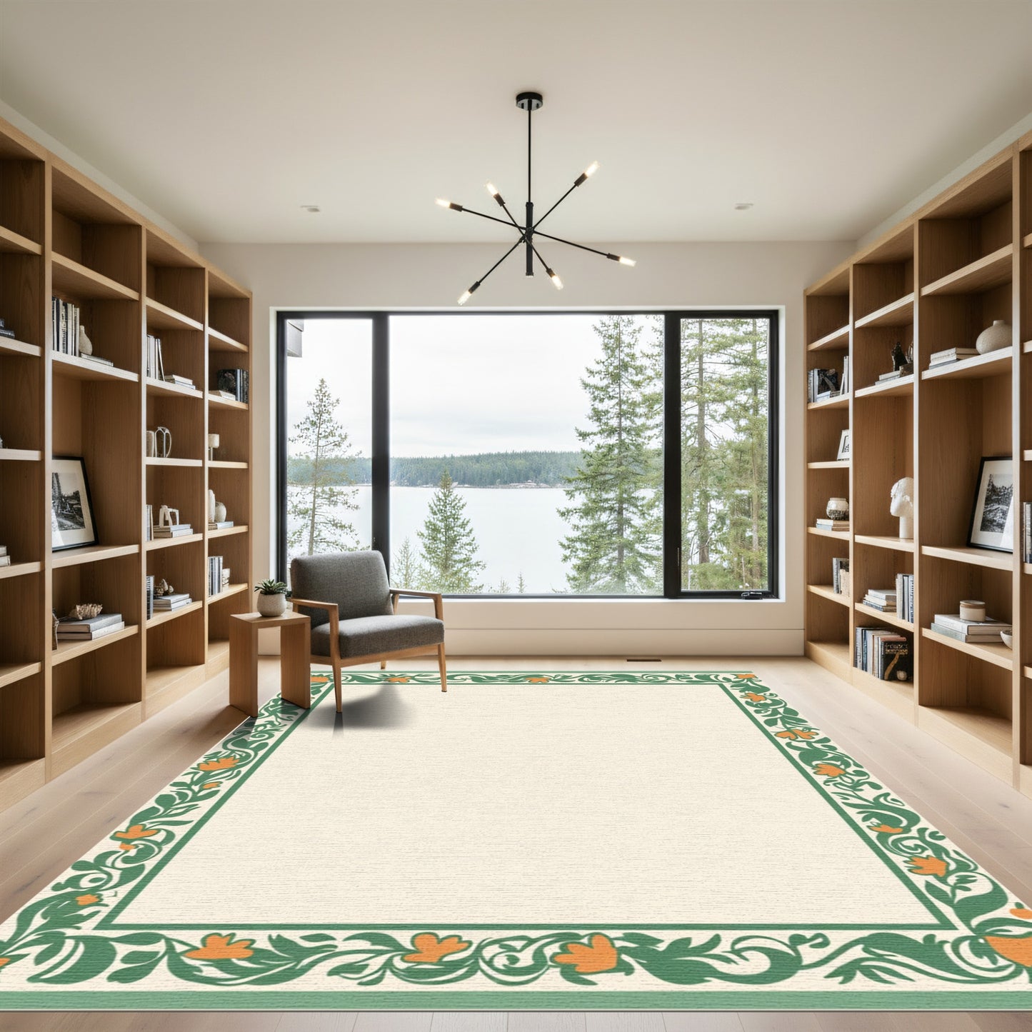 Green Orange Floral Vines Border Rug
