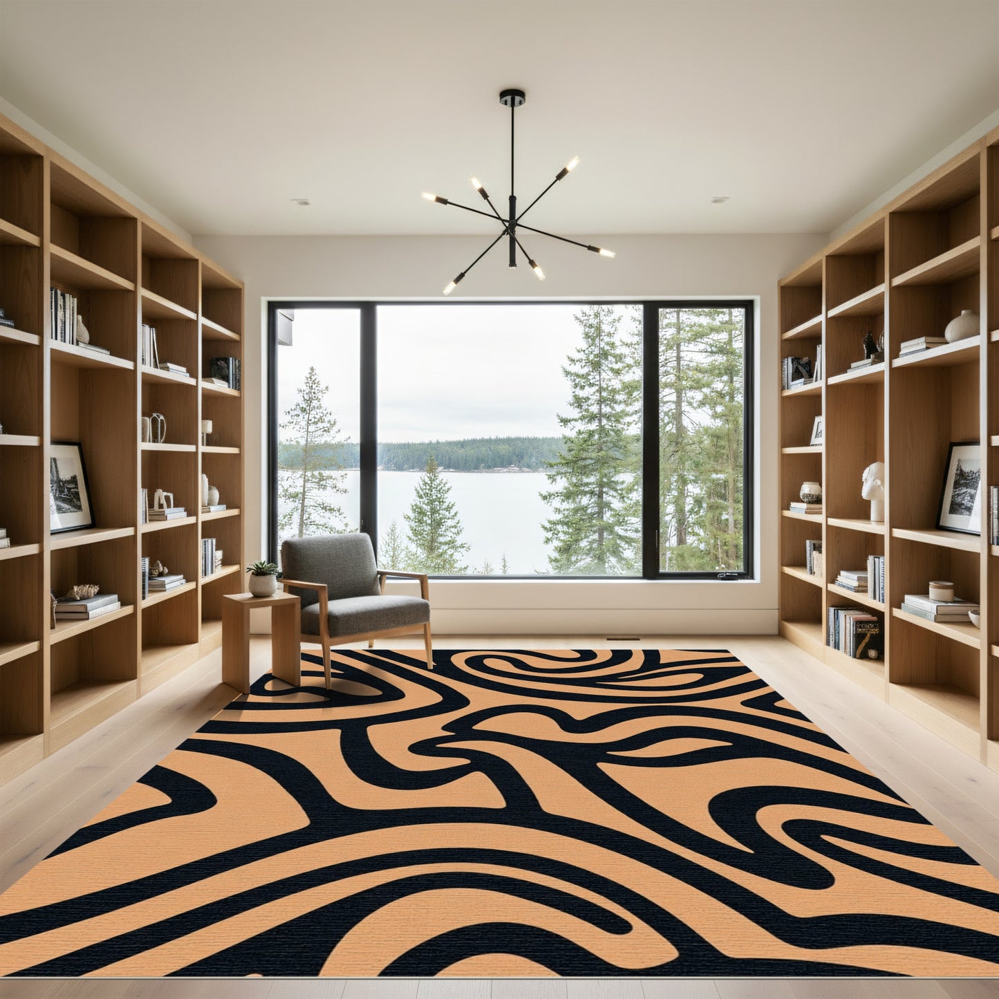 Bold Black Swirls Peach Texture Rug