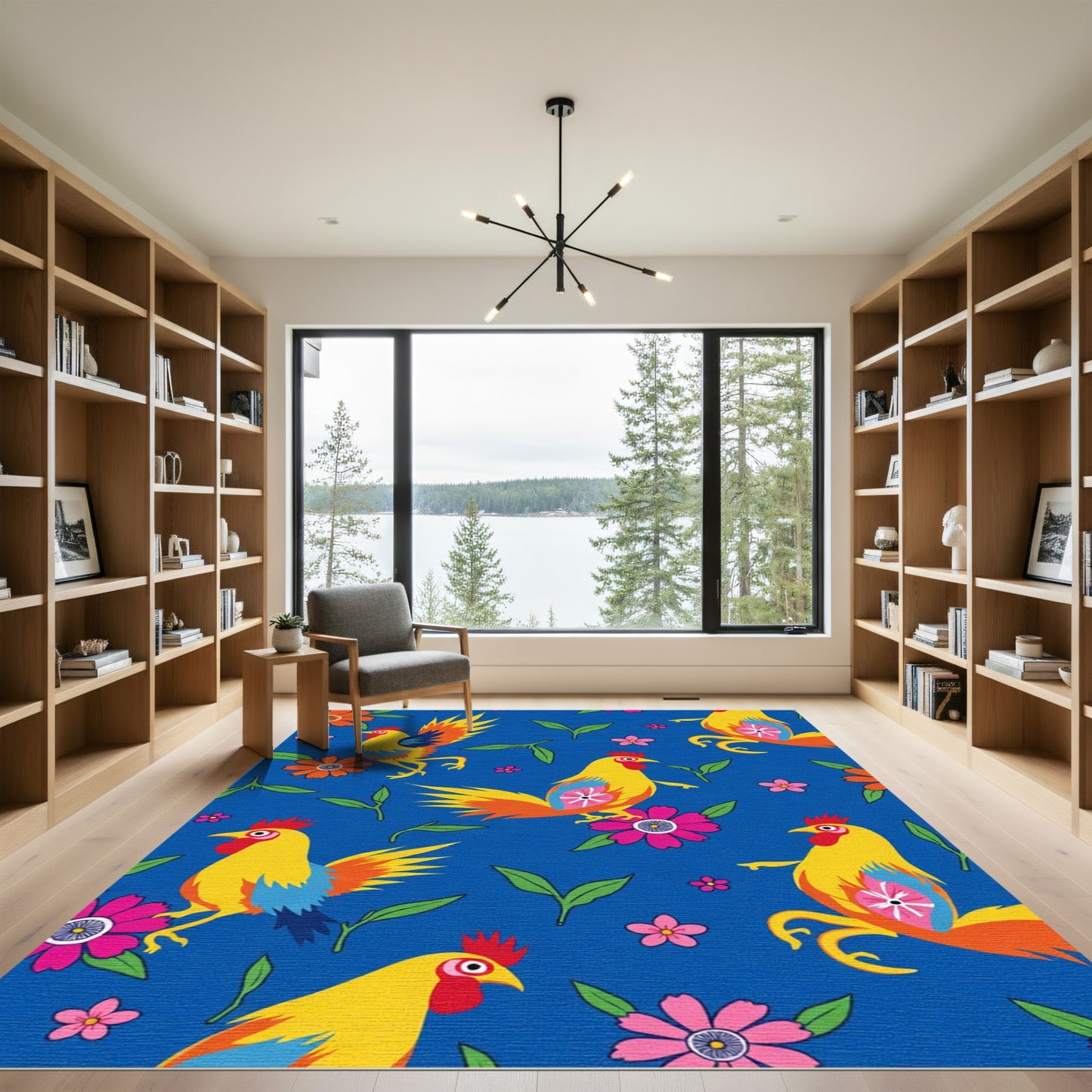 Bold Yellow Roosters Floral Garden Rug