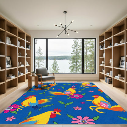 Bold Yellow Roosters Floral Garden Rug