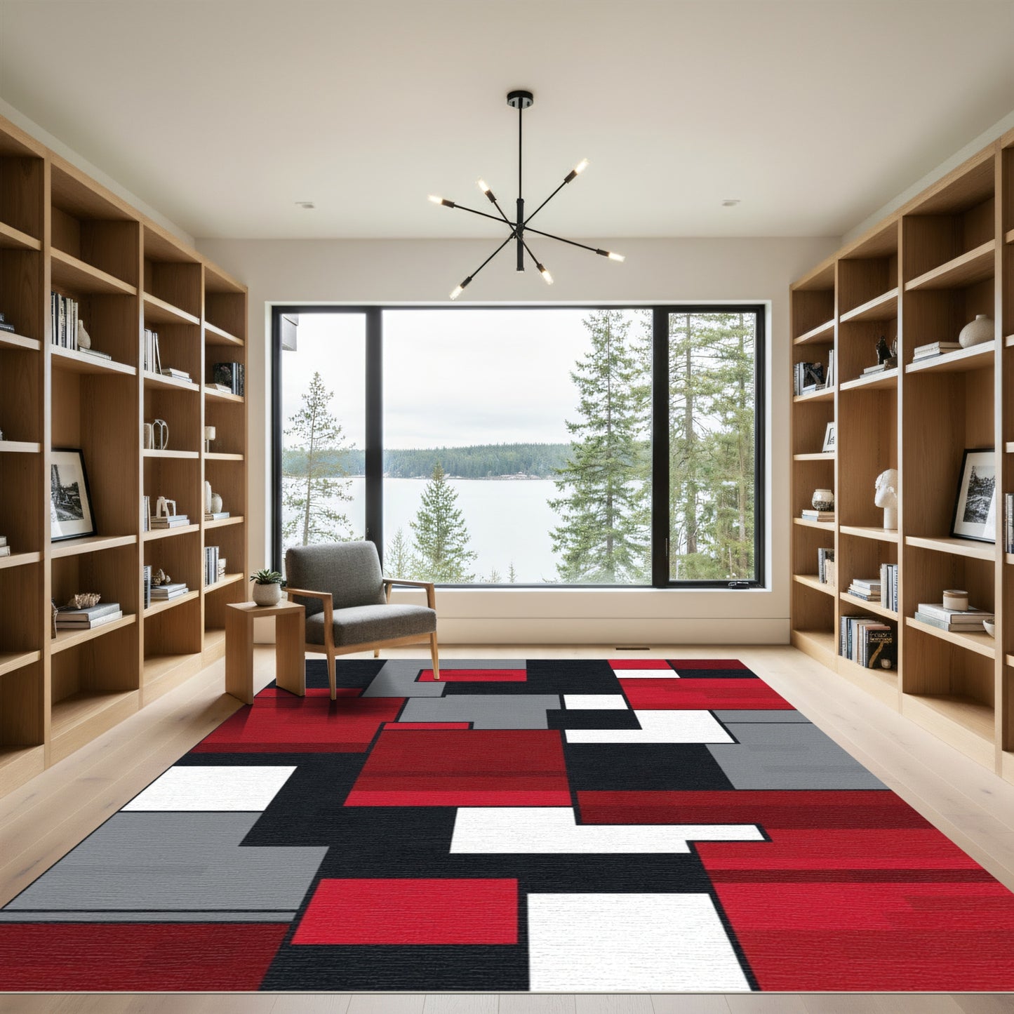 Bold Red Gray Geometric Blocks Rug