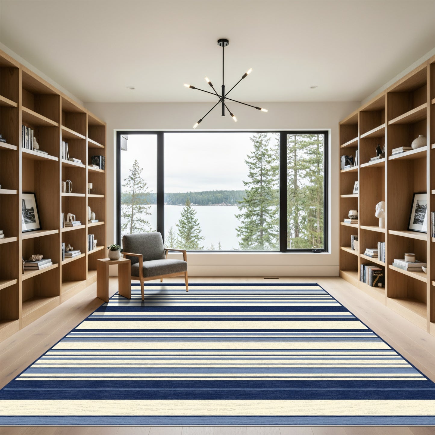Navy Blue Cream Lined Contemporary Rug