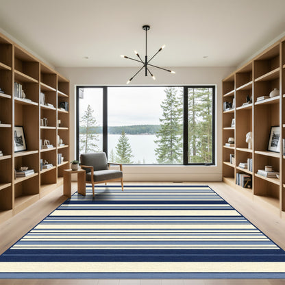 Navy Blue Cream Lined Contemporary Rug