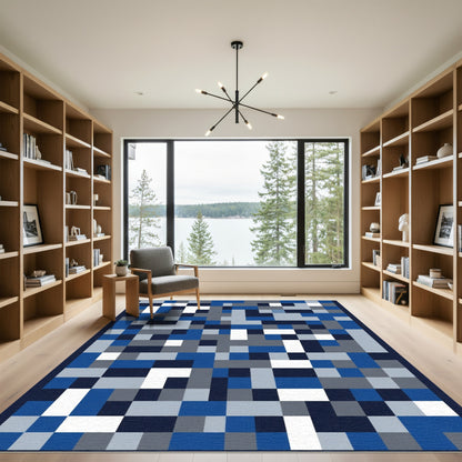 Blue Gray White Pixelated Geometry Rug