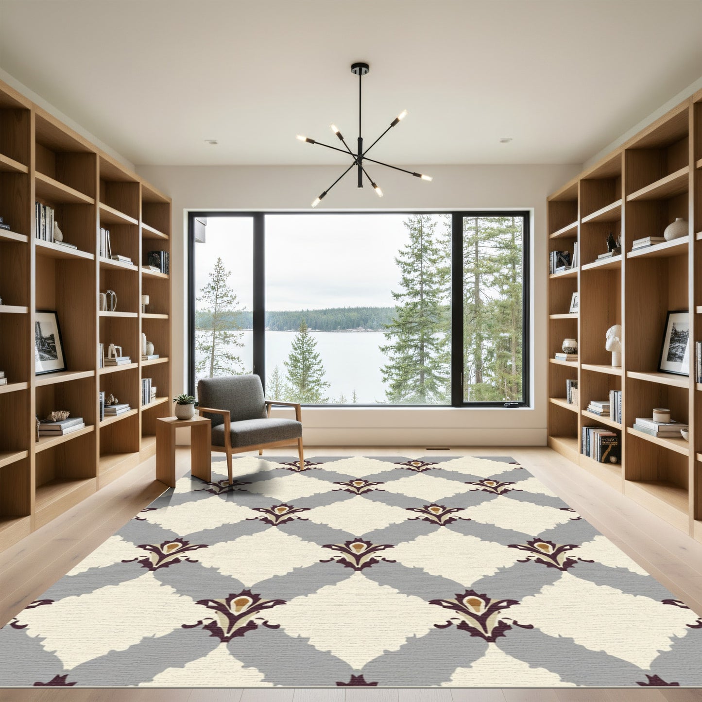 Cream Gray Burgundy Floral Lattice Rug