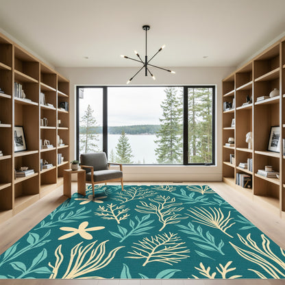 Coastal Coral Leaf Starfish Teal Rug