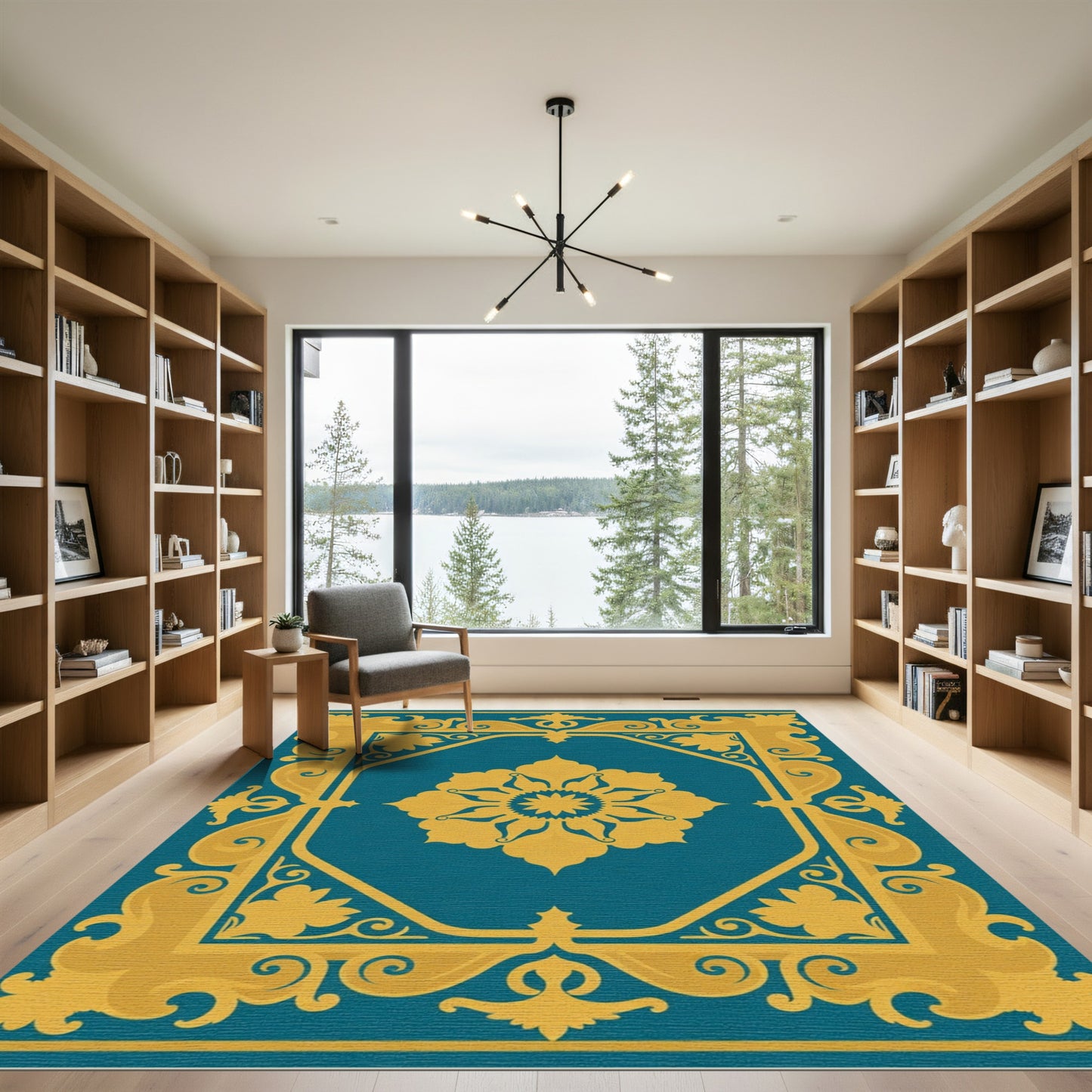 Elegant Teal Gold Medallion Frame Rug