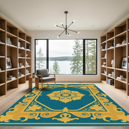 Elegant Teal Gold Medallion Frame Rug